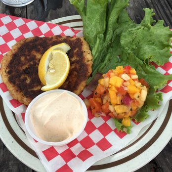 Gulf Drive Cafe - Crab cake, with mango salsa and tartar sauce! - Seafood Near Me - Bradenton Beach, Florida Gulf Drive Cafe - Crab cake, with mango salsa and tartar sauce! - Seafood Near Me - Bradenton Beach, Florida
