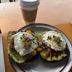 The BrickHaus - Americano and Avocado toast with bacon and 2 eggs over medium. YUM!