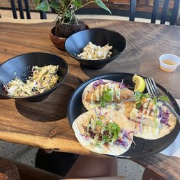 Fish tacos, miso ginger slaw, Mac salad Fish tacos, miso ginger slaw, Mac salad