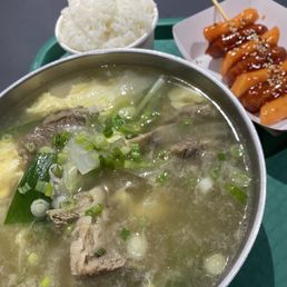 Beef bone broth soup combo with tteokbokki & sausage skewers