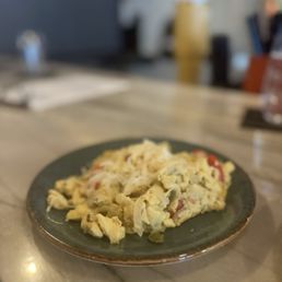 Veggie Scramble -- eggs, cheese, onions, peppers Veggie Scramble -- eggs, cheese, onions, peppers