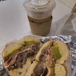 Small iced vanilla latte Cuban on an everything bagel Small iced vanilla latte Cuban on an everything bagel