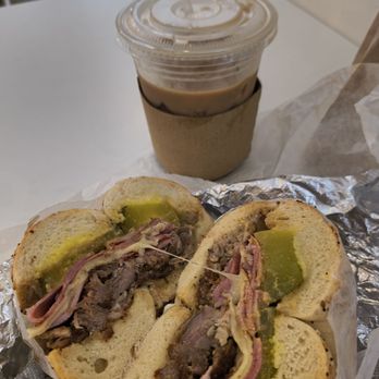 Pio Bagel - Small iced vanilla latte Cuban on an everything bagel - Bagels Near Me - New York, New York Pio Bagel - Small iced vanilla latte Cuban on an everything bagel - Bagels Near Me - New York, New York