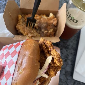 AtCha - Szechuan Hot Chicken Sammy with Tiger Style Fries - Sandwiches Near Me - Houston, Texas AtCha - Szechuan Hot Chicken Sammy with Tiger Style Fries - Sandwiches Near Me - Houston, Texas