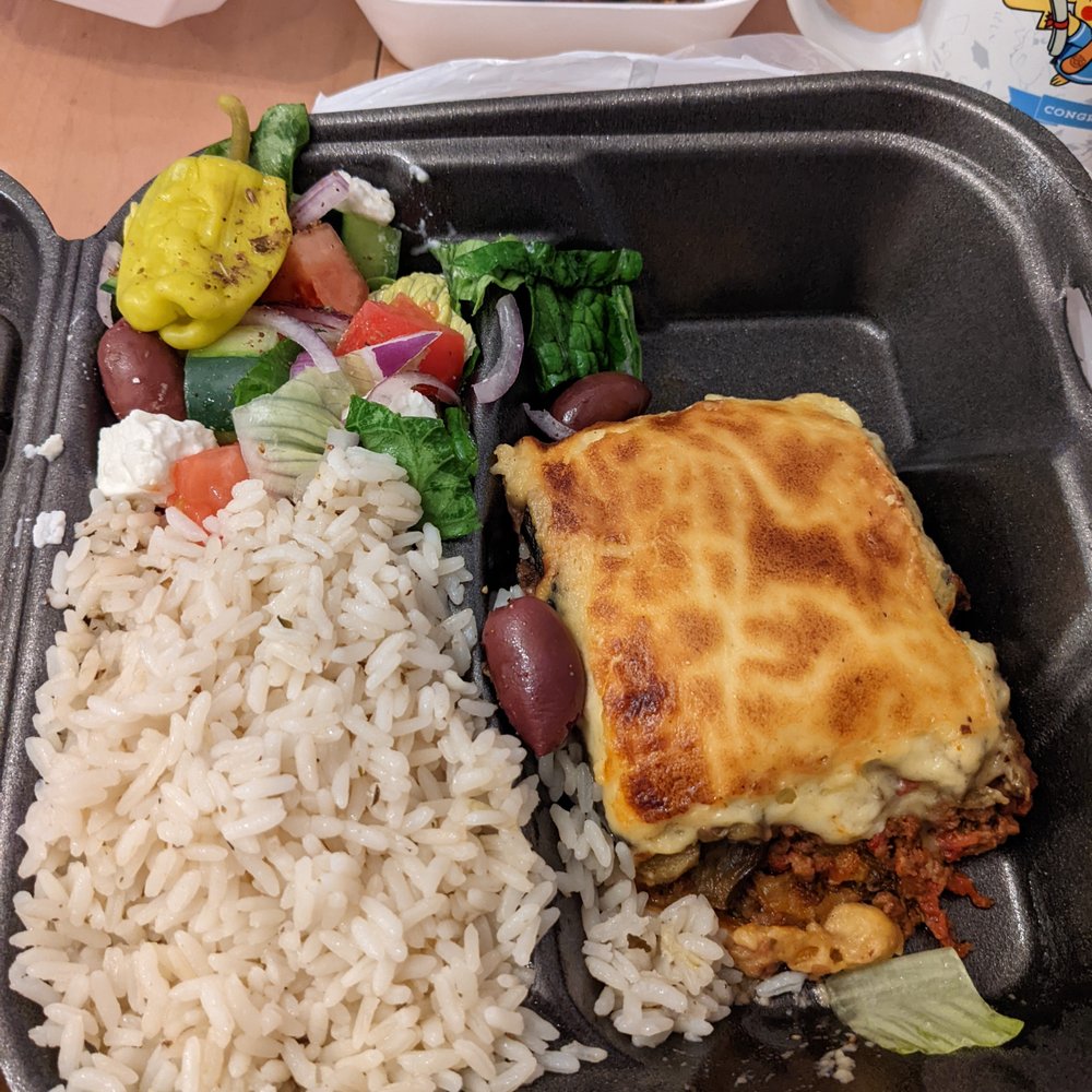 Plaka Grill - Moussaka with rice and side salad - Greek Near Me - Vienna, Virginia Plaka Grill - Moussaka with rice and side salad - Greek Near Me - Vienna, Virginia