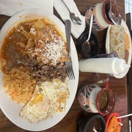 Chilaquiles rice and beans nothing taste like nothing. Eggs way too salty I didn't even finish this