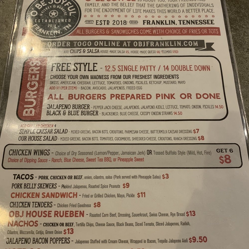 O' Be Joyful - Menu - Burgers Near Me - Franklin, Tennessee