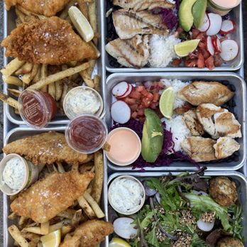 Hook Fish - 2 fish & chips, 2 grilled fish plates with black beans, rice, avocado, pico de gallo, pickled slaw and spicy aioli and 1 order crab cakes. - Seafood Near Me - San Francisco, California