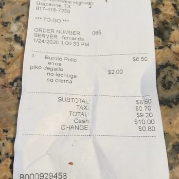 Taqueria Burritos Locos - Receipt from burrito with bone in it - Mexican Near Me - Grapevine, Texas Taqueria Burritos Locos - Receipt from burrito with bone in it - Mexican Near Me - Grapevine, Texas