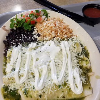 Three Amigos Mexican Taqueria - The chicken enchiladas with green tomatillo salsa. With rice and beans, pico de gallo, and sour cream (smeared because I couldn't wait...) - Mexican Near Me - Manchester, Connecticut Three Amigos Mexican Taqueria - The chicken enchiladas with green tomatillo salsa. With rice and beans, pico de gallo, and sour cream (smeared because I couldn't wait...) - Mexican Near Me - Manchester, Connecticut