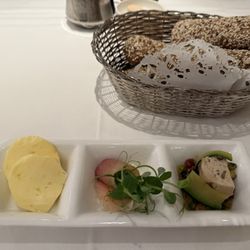 Hotel Bristol - gluten free bread with homemade butter and two spreads (salmon and watercress with horseradish and a truffle pate with pickled vegetables)