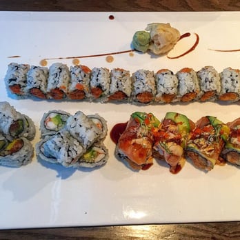 Passion Fin - In the back: Spicy Tuna roll & Spicy Crunch Salmon roll In the front: Alaska roll, Shrimp roll & Sunrise roll - Asian Fusion Near Me - Vienna, Virginia Passion Fin - In the back: Spicy Tuna roll & Spicy Crunch Salmon roll In the front: Alaska roll, Shrimp roll & Sunrise roll - Asian Fusion Near Me - Vienna, Virginia