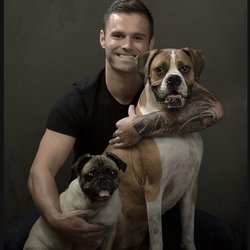 Crate Escape Atlanta - Jacob H. with his two boys Rocco (boxer) Ace (pug)