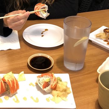 Mioki Sushi - New Alaska roll (left), green dragon (right) with complimentary tea - Sushi Bars Near Me - Fremont, California