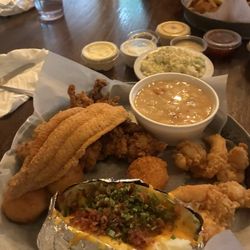 Trip platter (catfish fillet, chicken tenders, butterfly shrimp), white beans, coleslaw, loaded baked potato