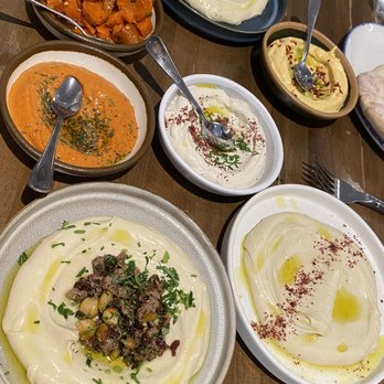 Hamsa - Appetizers- Hummus, lamb hummus, muhamara, carrot harissa, squash tahini, lemon tahini - Mediterranean Near Me - Houston, Texas