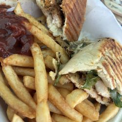 Mimi's Dock Bar - Jerk chicken panini w French fries