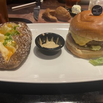 LongHorn Steakhouse - Half-Pound Steakhouse Cheeseburger with Loaded Baked Potato and Half and Half Sweet Tea - Steakhouses Near Me - Gainesville, Florida LongHorn Steakhouse - Half-Pound Steakhouse Cheeseburger with Loaded Baked Potato and Half and Half Sweet Tea - Steakhouses Near Me - Gainesville, Florida