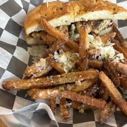 Rosalies Roadhouse - Chicken sandwich & garlic and mozzarella fries.