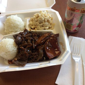Big Sai's Hawaiian BBQ - The Regular mixed plate w/ Teriyaki chicken and beef.  Hawaii Sun Lilikoi Lychee juice (try it) - Hawaiian Near Me - Layton, Utah