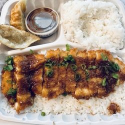 Tori katsu plate with extra rice. Pork potstickers.
