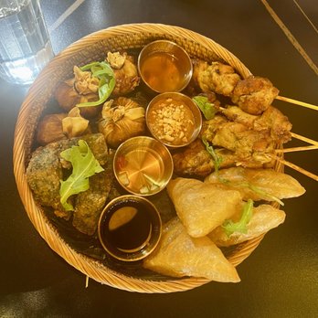 Siam Thai - Chicken Satay (5) Money Bag Dumplings (5) Chive Cake Siam Platter - Thai Near Me - Staten Island, New York