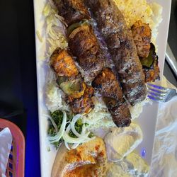 Pita Grill - Meat Combo (Combination of beef kafta, chicken kabob, and lamb kabob, with rice and hummus)