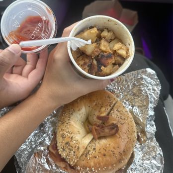 Borderline Bagels - Bacon Egg and Cheese Sandwich & potatoes - Bagels Near Me - New Milford, New Jersey Borderline Bagels - Bacon Egg and Cheese Sandwich & potatoes - Bagels Near Me - New Milford, New Jersey