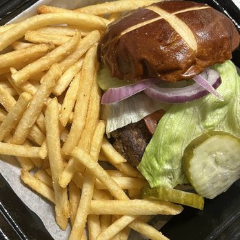 Moondog Pub & Grub - Classic burger on a pretzel bun... the fries were the star here! They did not get soggy at all. - Burgers Near Me - Chamblee, Georgia
