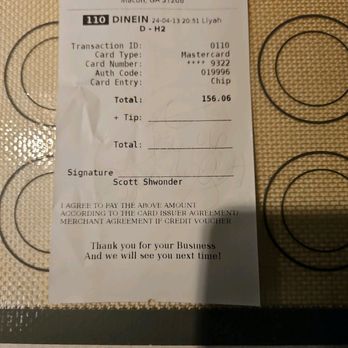 Macon Crab House - Actual Receipt 156.06 on 4/13/24. You can even see the imprint where she put 0 for tip on other copy that went thru to this one. - Seafood Near Me - Macon, Georgia