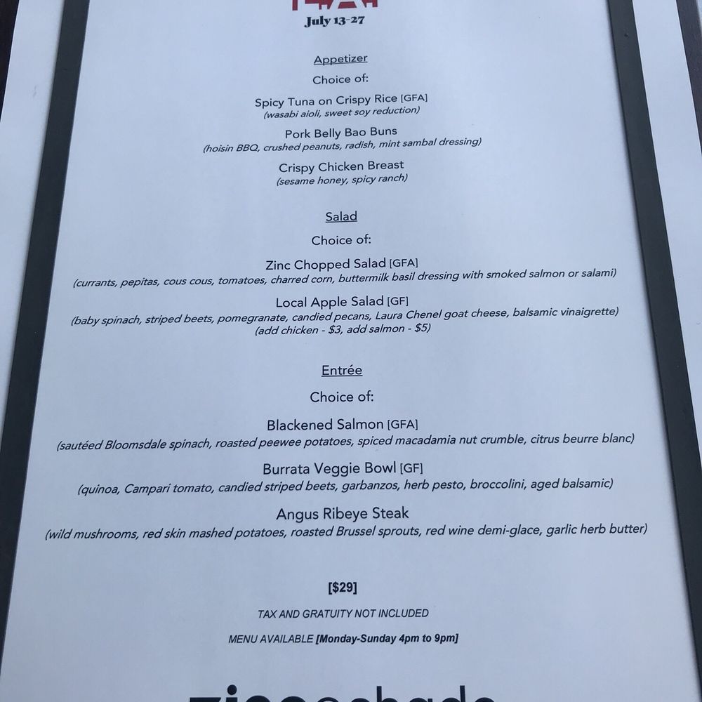 zinc@shade - DineLA Menu - New American Near Me - Manhattan Beach, California zinc@shade - DineLA Menu - New American Near Me - Manhattan Beach, California