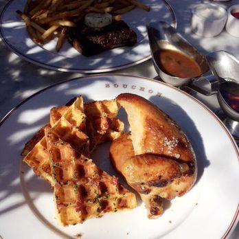 Bouchon - chicken and waffles (forgot the name) and steak + fries - French Near Me - Yountville, California Bouchon - chicken and waffles (forgot the name) and steak + fries - French Near Me - Yountville, California