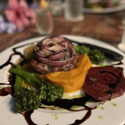The Wooden Crate At Lumeria Maui - Grilled sirloin with clarified lavender cracked black pepper butter, Kabocha squash, red beets, roasted broccoli