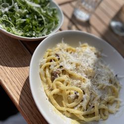 Emilia's Crafted Pasta - Side salad and Carbonara with pancetta