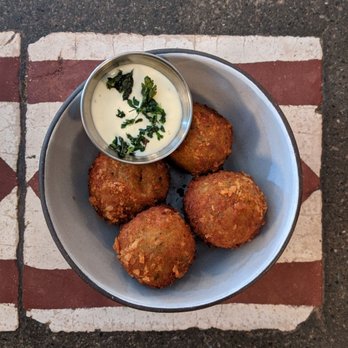 Barano - ARANCINI $12 sweet pea + prosciutto risotto balls, meyer lemon aioli - Pizza Near Me - Brooklyn, New York