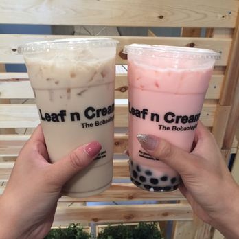 Leaf N Cream - coconut & salted caramel black milk tea (left) and strawberry & coconut green milk tea (right) - Bubble Tea Near Me - Tustin, California Leaf N Cream - coconut & salted caramel black milk tea (left) and strawberry & coconut green milk tea (right) - Bubble Tea Near Me - Tustin, California