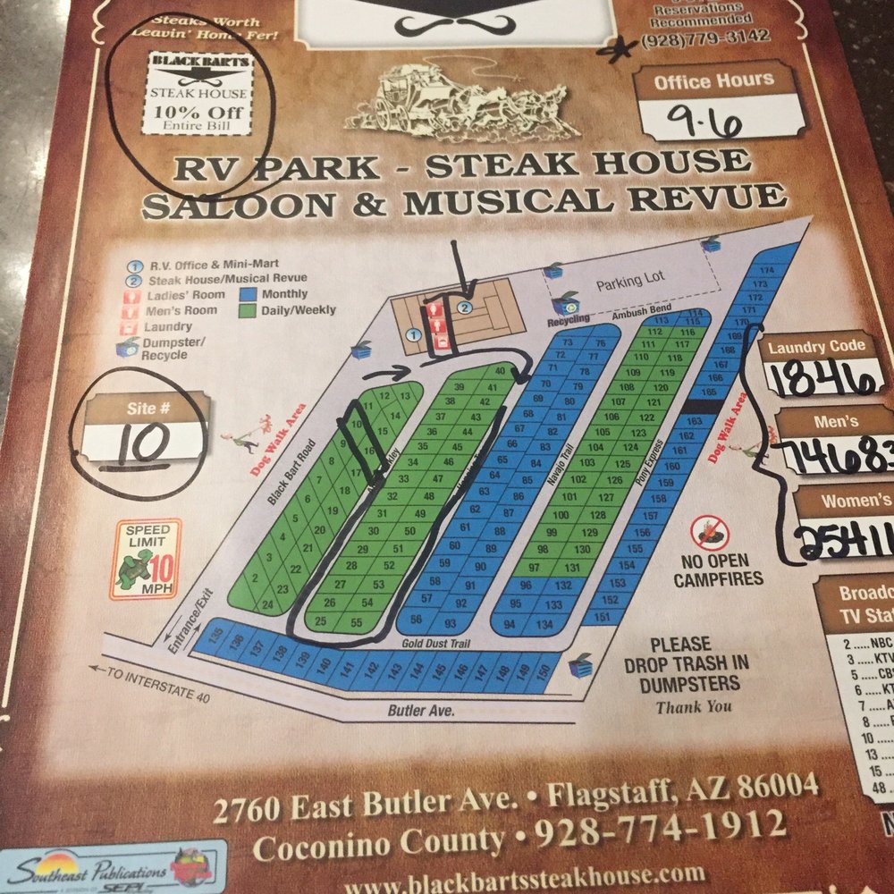 Black Bart's RV Park - Just checked in. Looks good and we heard they have a killer Steakhouse too! - Campgrounds Near Me - Flagstaff, Arizona Black Bart's RV Park - Just checked in. Looks good and we heard they have a killer Steakhouse too! - Campgrounds Near Me - Flagstaff, Arizona