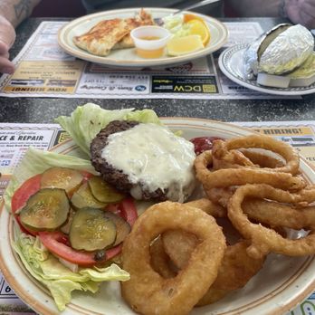 Wimpy & Dee's Diner - Broiled haddock and baked potato, and a bunless cheeseburger with onion rings. You have to pay extra for the tomato and pickles. - Breakfast & Brunch Near Me - Honey Brook, Pennsylvania Wimpy & Dee's Diner - Broiled haddock and baked potato, and a bunless cheeseburger with onion rings. You have to pay extra for the tomato and pickles. - Breakfast & Brunch Near Me - Honey Brook, Pennsylvania