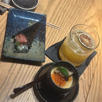 noii sushi - Otoro handroll, chawanmushi, mezcal based cocktail - Sushi Bars Near Me - Kirkland, Washington noii sushi - Otoro handroll, chawanmushi, mezcal based cocktail - Sushi Bars Near Me - Kirkland, Washington