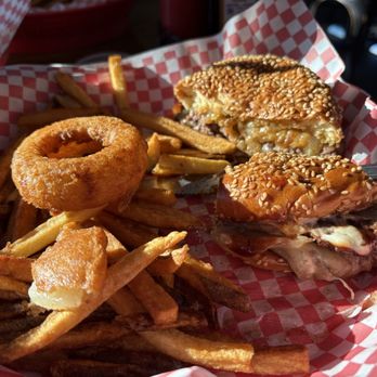 Big League Burgers - Double cheeseburger and onion rings. - Burgers Near Me - Chicago, Illinois