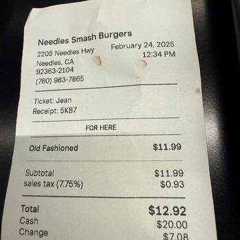 Needles Smashed Burgers - Receipt - Burgers Near Me - Needles, California
