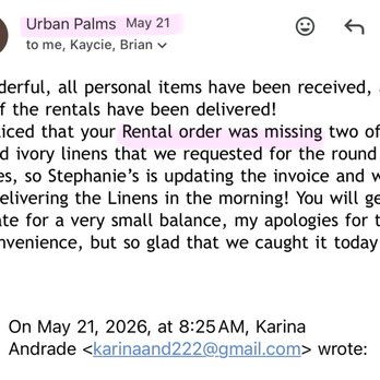 Urban Palms - She messed up on the linens order and was emailing me about it the day before our wedding, when i previously asked her to check the order. - Venues & Event Spaces Near Me - Gardena, California Urban Palms - She messed up on the linens order and was emailing me about it the day before our wedding, when i previously asked her to check the order. - Venues & Event Spaces Near Me - Gardena, California