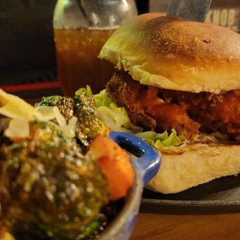 Hoosier Roots - Buffalo chicken sandwich with fancy pork belly brussel sprouts - Food Trucks Near Me - Pittsboro, Indiana