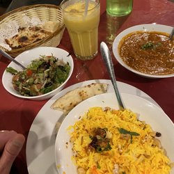 Manihani Indian Restaurant - Saffron rice, garlic naan, mango lassi, salad (avoid), and lamb (sorry, forgot the name, it is a chef special).