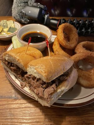 Photo of Stagecoach Inn Restaurant & Lounge - Garden City, ID, US. Rib eye beef dip and large onion rings!