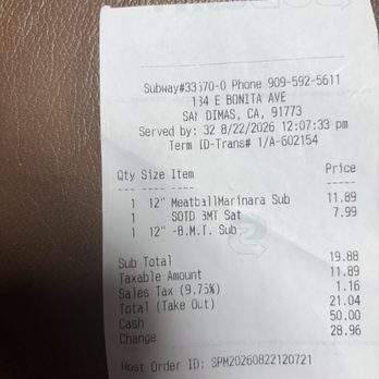 Subway - Receipt - Fast Food Near Me - San Dimas, California Subway - Receipt - Fast Food Near Me - San Dimas, California