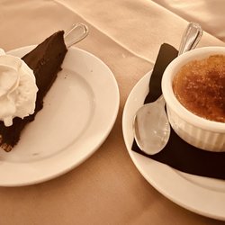 Eureka Sea Grill - Chocolate bourbon pecan torte and white chocolate green brûlée