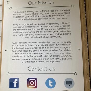 Oasis Vegetarian Cafe - Their Mission/ about them section. Pretty cool and I appreciate learning about their values and history of  the place /) - Vegetarian Near Me - Riverside, California