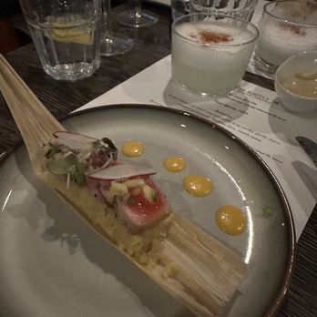 Puerto 511 - Second course: Tamalito (deconstructed tamale with tuna) - Peruvian Near Me - Baltimore, Maryland
