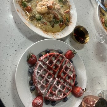 Lush Cafe And Lounge - Shrimp and grits and red velvet waffles. Y'all... amazing!! - Lounges Near Me - Tempe, Arizona